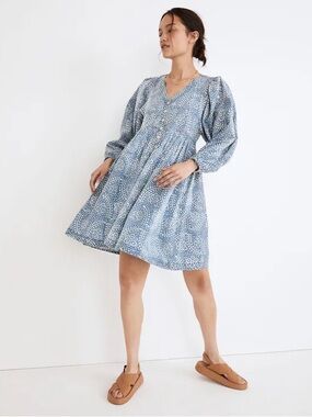 Madewell bubble sleeve button front mini dress in indigo paisley